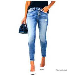 High Rise Skinny Stretch Button Ripped Jeans High Waisted Destroyed Denim Pants